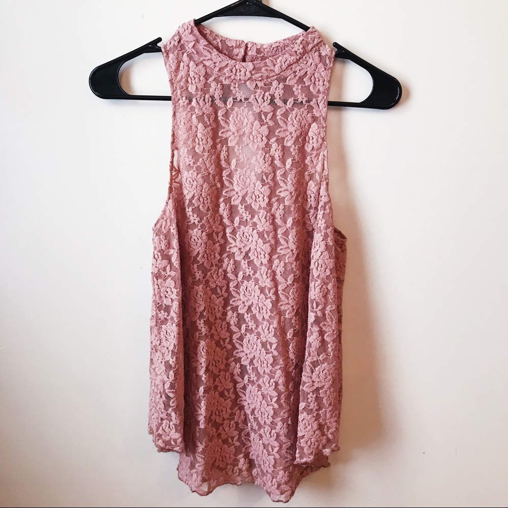 Coco +Jameson Pink Sheer Flowers Floral Rose Lace Crop Tank Top Halter
